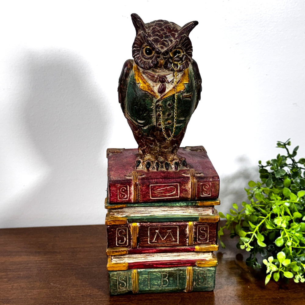 Wise Old Owl Figurine on Stack of Books Trinket Box Creative Co-Op 9.5"